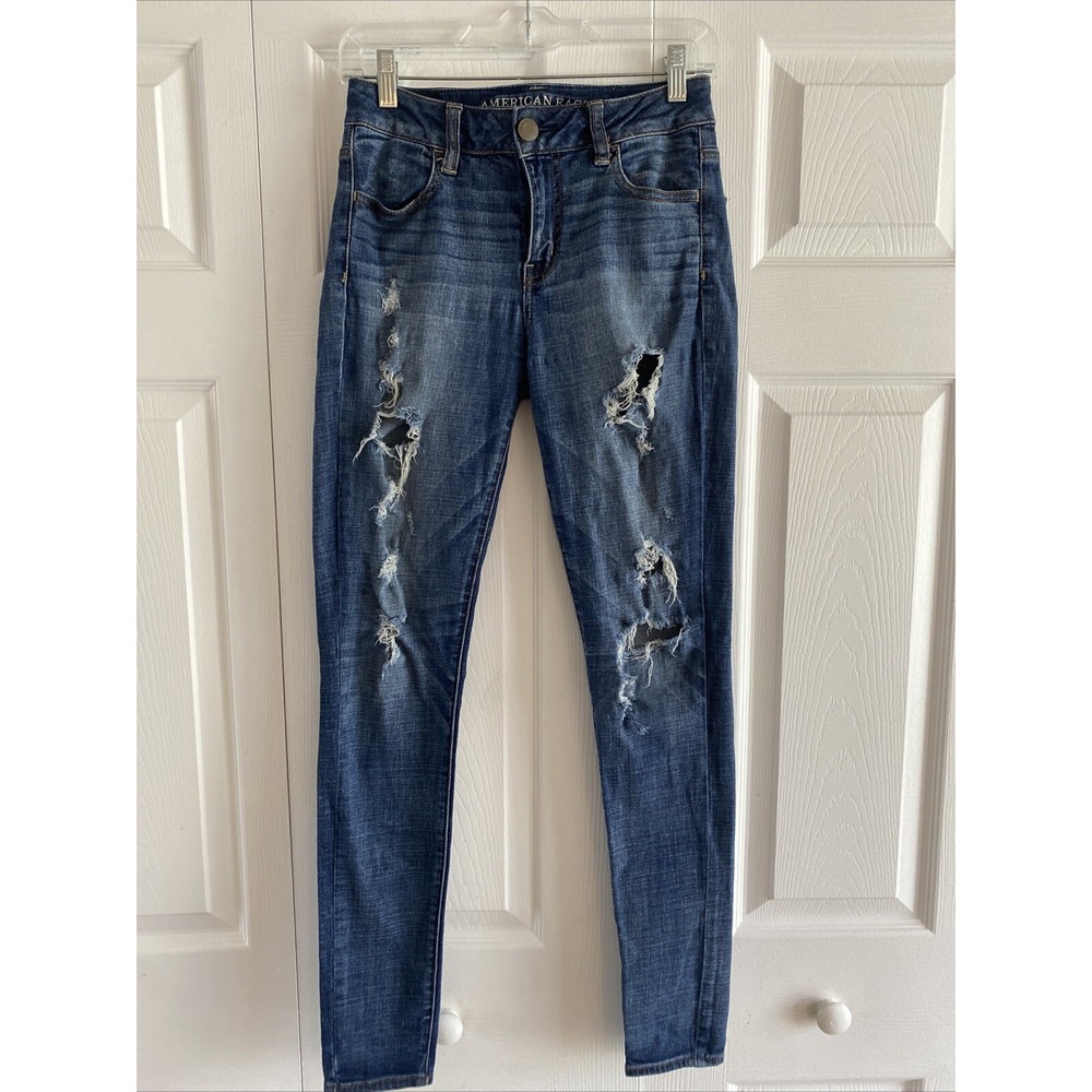American Eagle Hi-Rise Jegging Womens Size 2 Blue Distressed Ripped Denim Cotton